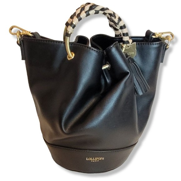Lollipops Paris Black Bucket Crossbody Bag Cat/Tassel Charm Leopard Lining  9"H - Picture 2 of 12
